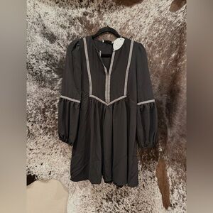 Black Long Sleeve Dress with Embroidered Details